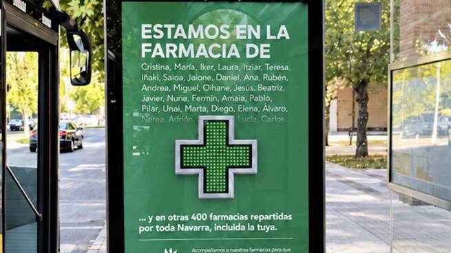 Mupi de la campa&ntilde;a de Nafarco en [Pamplona / Logro&ntilde;o] con motivo del D&iacute;a del Farmac&eacute;utico